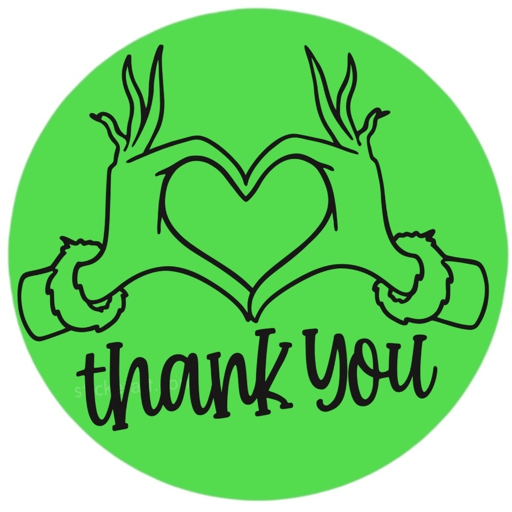 2” Green Grinch Thank You Stickers – Holiday Packaging Labels 100 stickers